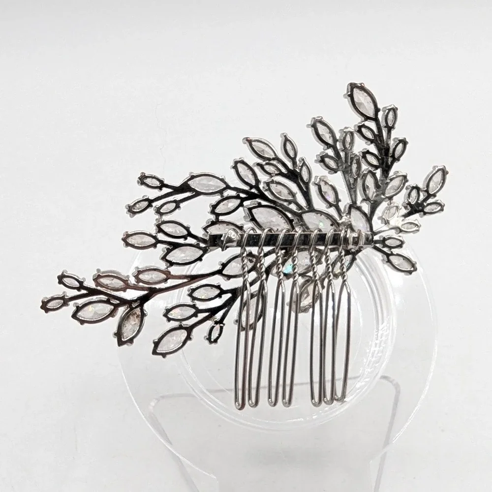 Silver Tone Marquise Rhinestone Leaf Branch Bridal Hair Comb Wedding Headpiece